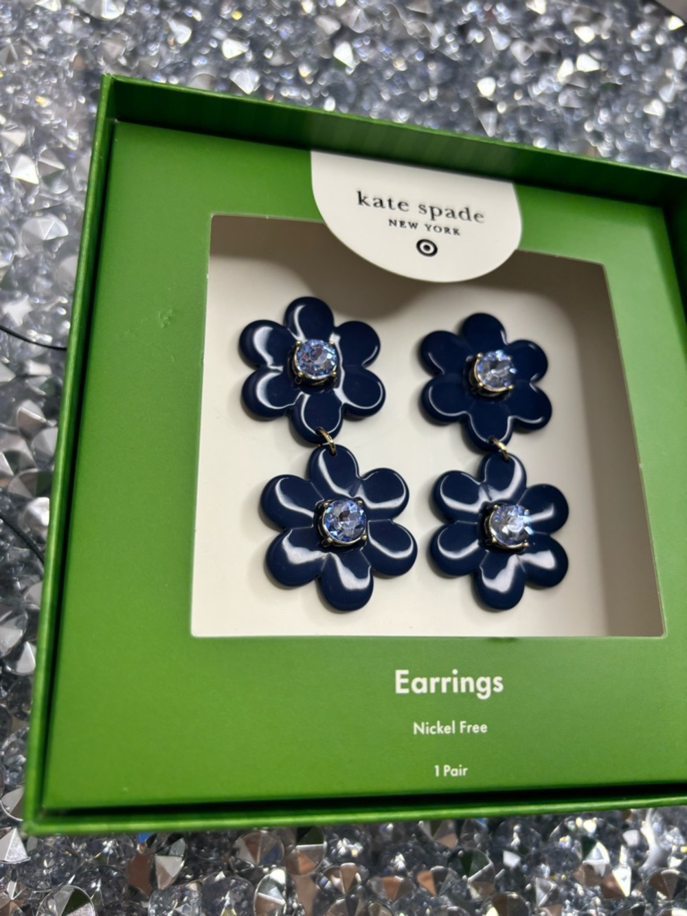kate spade navy double flower dangle earrings for kids - Picture 2 of 8